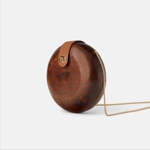 ZARA wood box clutch, round crossbody chain strap